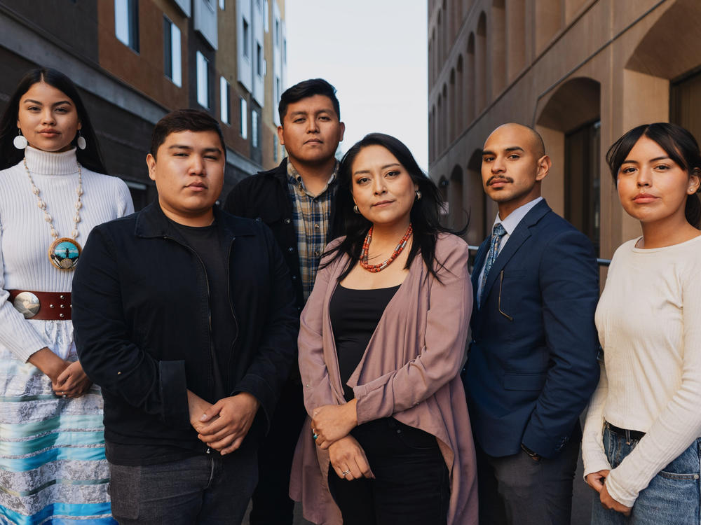 Left to right: Lourdes Pereira, 23, Matthew Holgate, 23, Alec Ferreira, 25, Shelbylyn Henry, 32, Xavier Medina, 25, and Nalani Lopez, 19. The six voters met with NPR at the Phoenix Indian Center in downtown Phoenix.