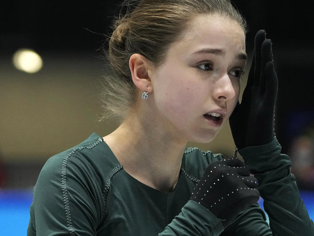 Kamila Valieva, of the Russian Olympic Committee, trains at the 2022 Winter Olympics in Beijing. (AP Photo/Jeff Roberson)