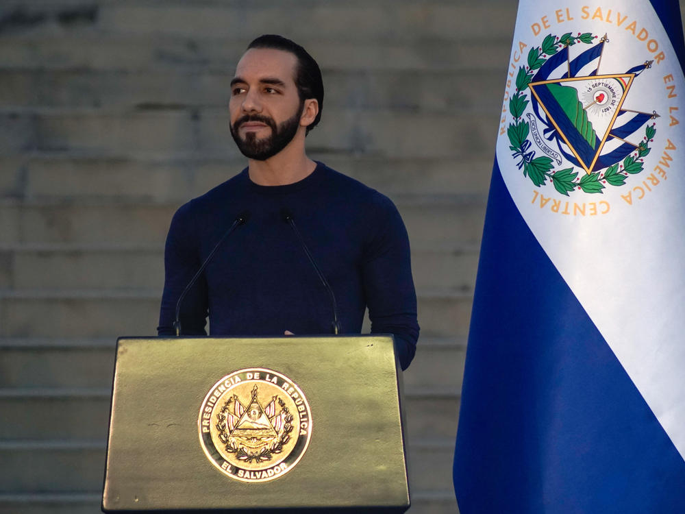 President Nayib Bukele speaks on Nov. 20, 2023, in La Libertad, El Salvador. Bukele was reelected in a landslide.
