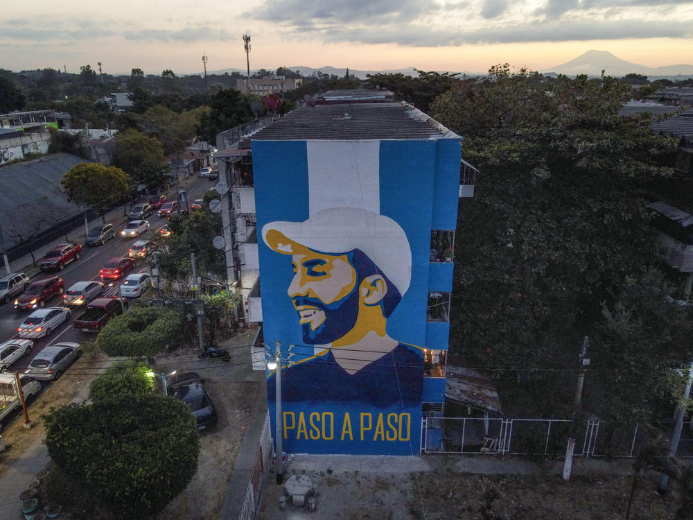 A mural depicts Salvadoran President Nayib Bukele at the Zacamil apartment complex in Mejicanos, El Salvador, on Jan. 26.