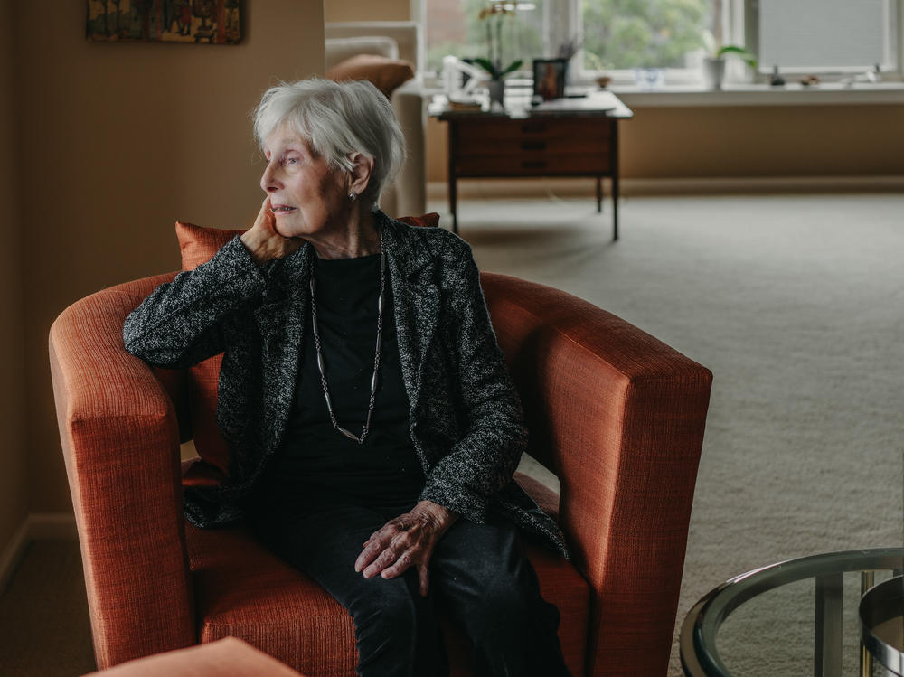 Estelle Laughlin, 94, survived the Nazi concentration camps along with her older sister and mother. She was photographed in her living room in Lincolnshire, Illinois, on October 6, 2023.