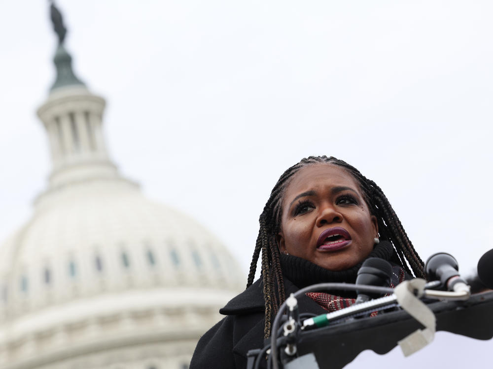 Rep. Cori Bush, D-Mo., speaks at a press conference on the Israel-Hamas war outside of the Capitol late last year.