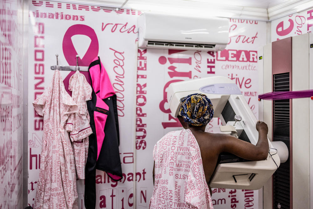 A patient undergoes a mammography scan during the screening day at a  Johannesburg clinic.