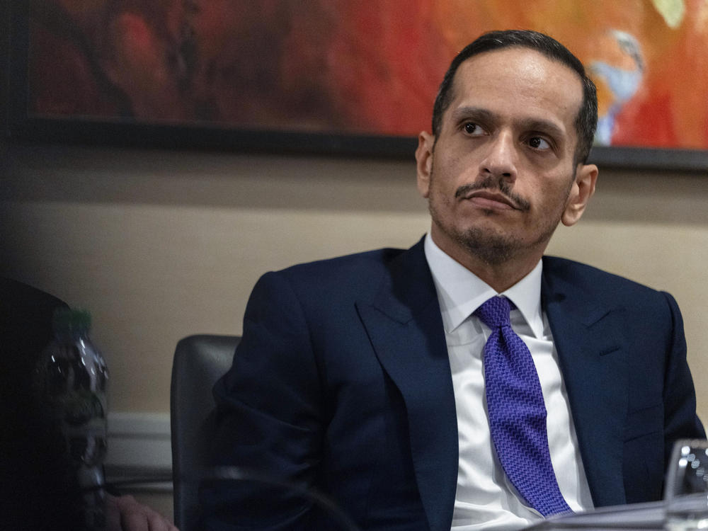 Qatari Prime Minister Sheikh Mohammed bin Abdulrahman bin Jassim Al-Thani, attends a news conference about the Israel-Hamas war.