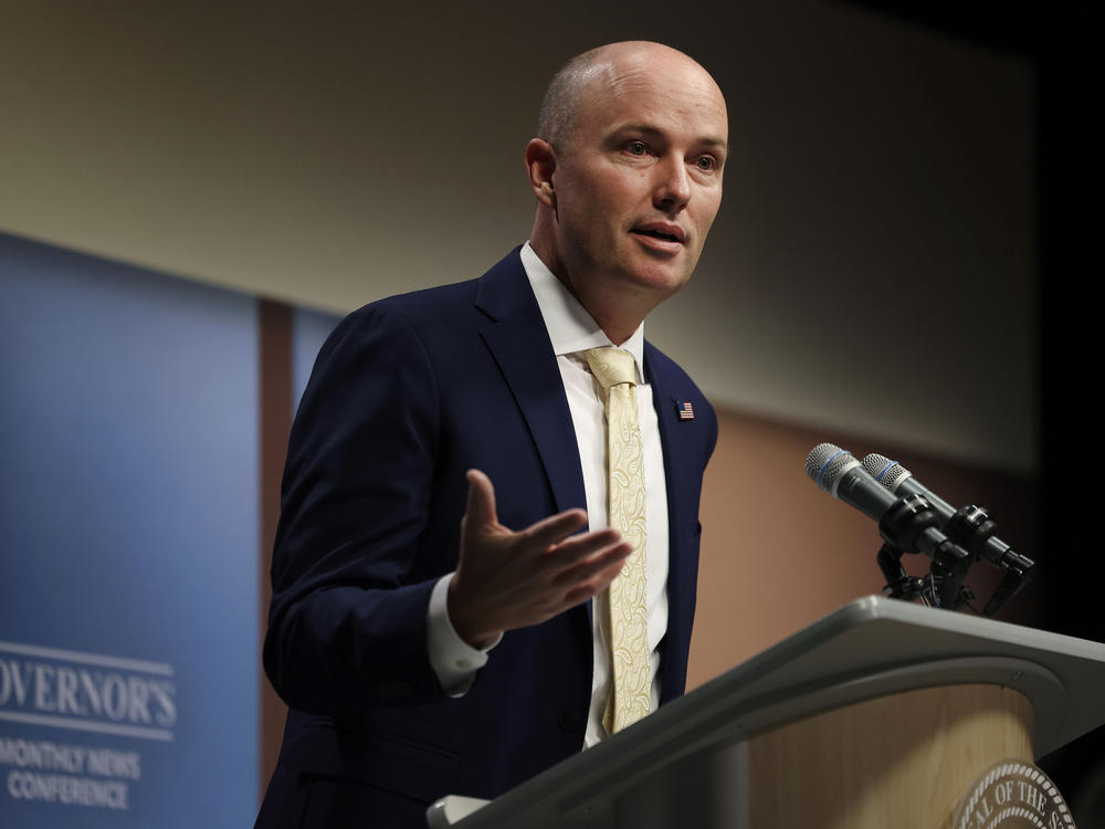 Utah Gov. Spencer Cox is shown speaking at the PBS Utah Governor's Monthly News Conference at the Eccles Broadcast Center in Salt Lake City, Oct. 19, 2023.