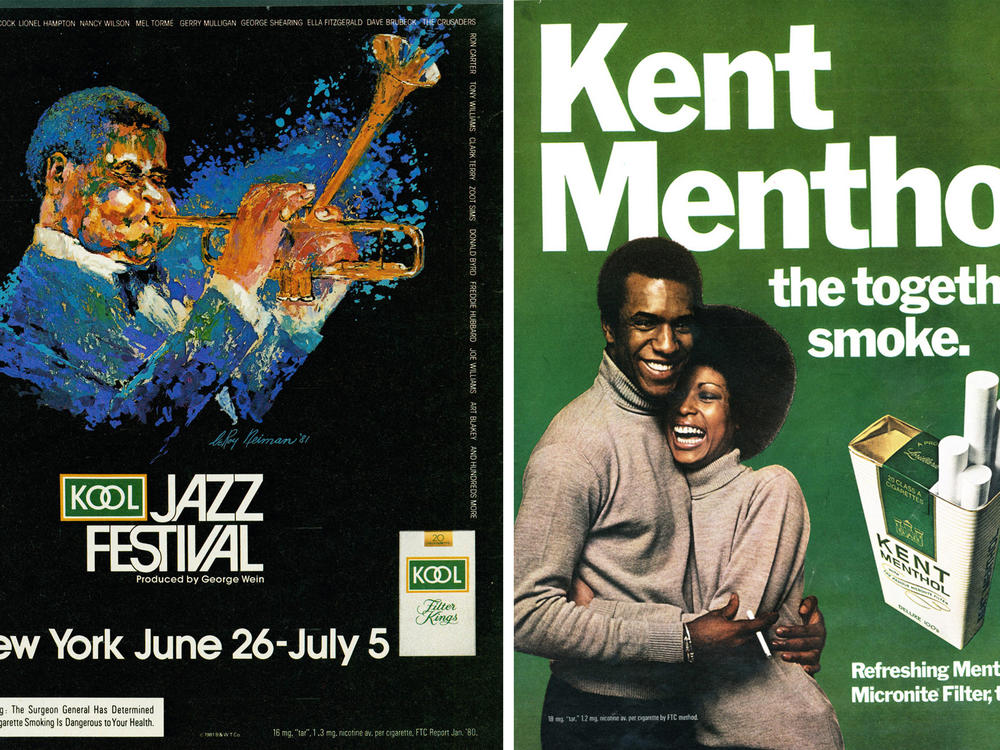 Left: A Kool cigarettes advertisement targeting Black communities for a sponsored event, the <em>Kool Jazz Festival</em>; Right: A Kent cigarettes ad targeting Black smokers.