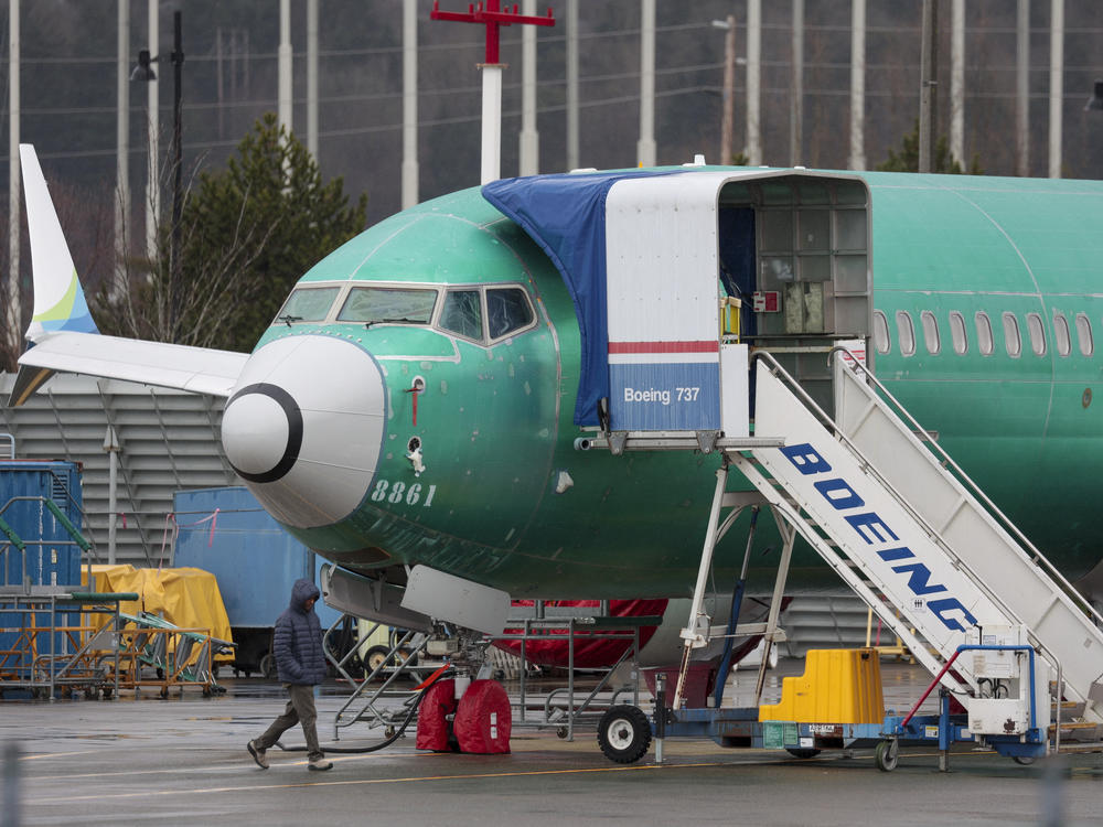 An unpainted Boeing 737 Max 8 is parked at Renton Municipal Airport adjacent to Boeing's factory in Renton, Wash. on January 25, 2024. Boeing is still reeling from the fallout of an Alaska Airlines 737 Max 9 which lost a part of its fuselage in mid-flight earlier in the month.