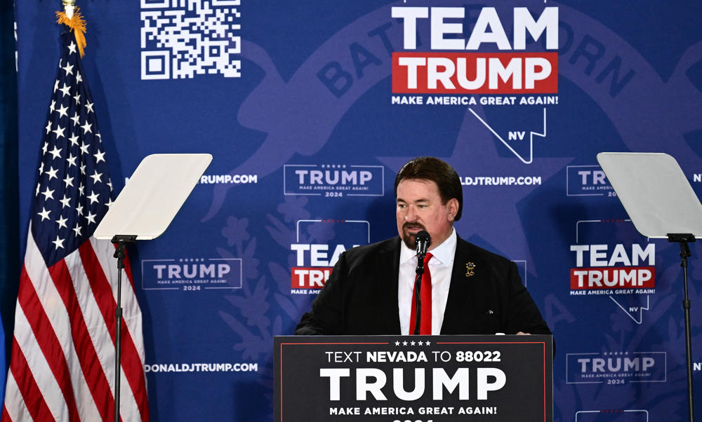 Nevada Republican Party Chair Michael J. McDonald speaks at a Trump rally Saturday in Las Vegas.