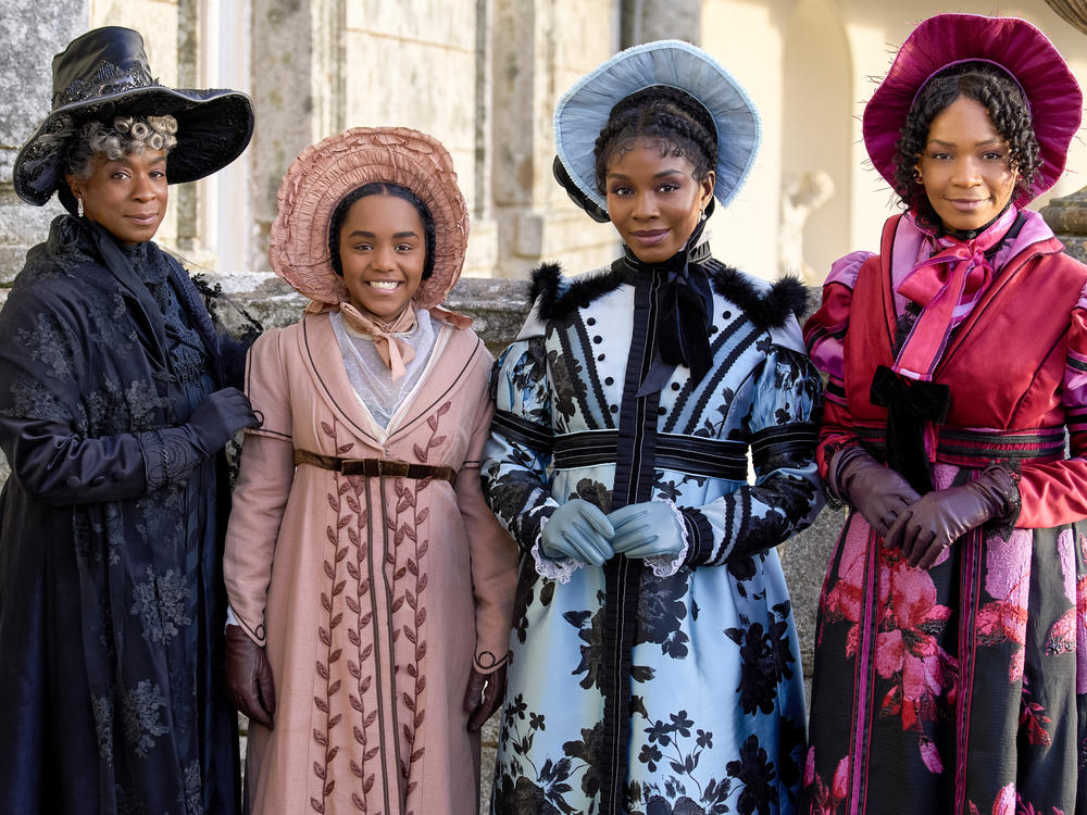 Actors Susan Lawson-Reynolds, Beth Angus, Deborah Ayorinde, and Bethany Antonia in Hallmark's adaptation of Jane Austen's <em>Sense and Sensibility</em>.