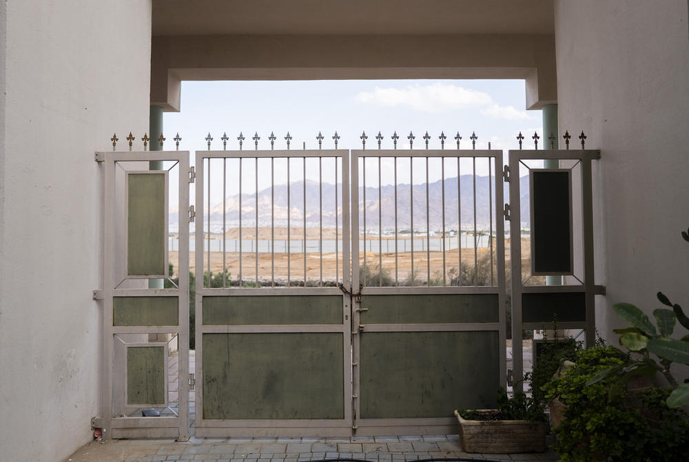 A shut hotel gate in Eilat, Israel. Some 60,000 Israeli evacuees went to the town on Israel's southernmost tip after the Hamas attack. Now the tourism sector is hoping tourists come back.