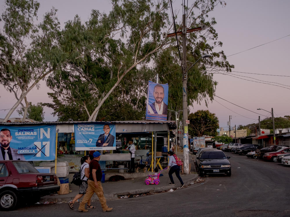 Banner with the face of President Nayib Bukele on the roof of the pupusas restaurant of Arnulfo Crisostomo Mazariego in San Salvador on Jan. 29.