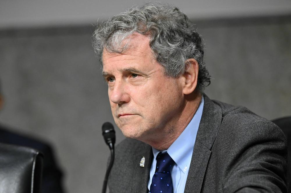 Sen. Sherrod Brown, D-Ohio, looks on during a Senate committee hearing on May 16, 2023.