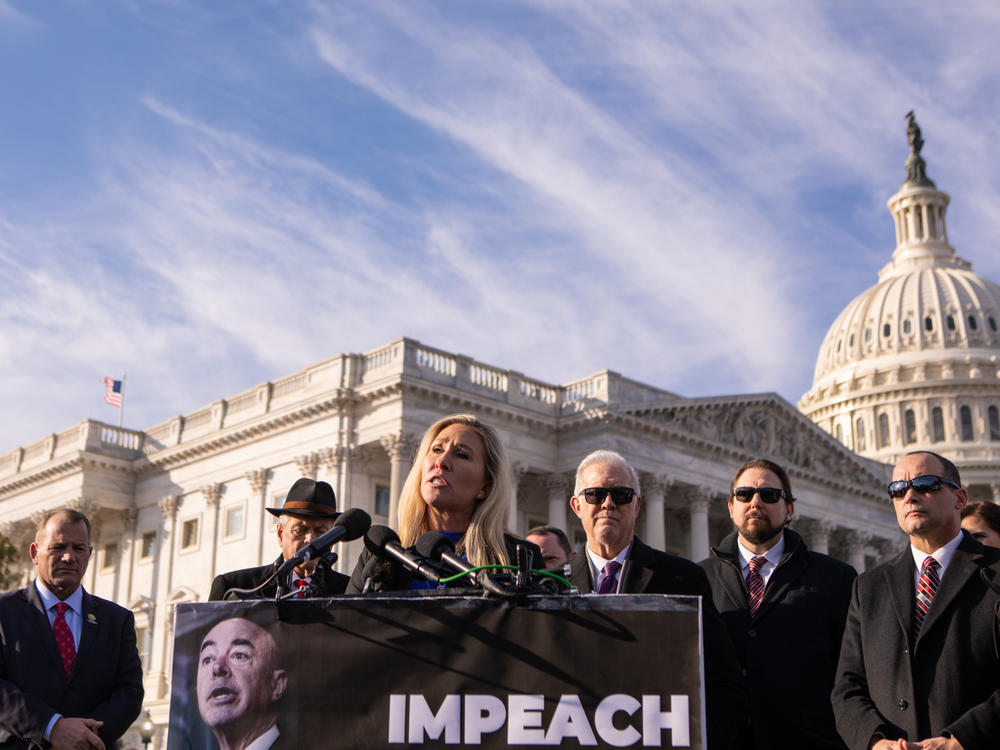 Rep. Marjorie Taylor Green, R-Ga., speaks during a news conference about impeaching Department of Homeland Security Secretary Alejandro Mayorkas last winter.