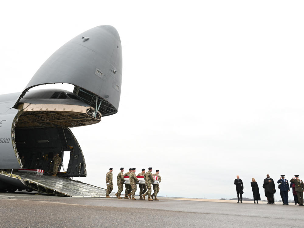 President Biden, First lady Jill Biden, and Defense Secretary Lloyd Austin attend the dignified transfer of three U.S. service members killed in Jordan, at Dover Air Force Base.