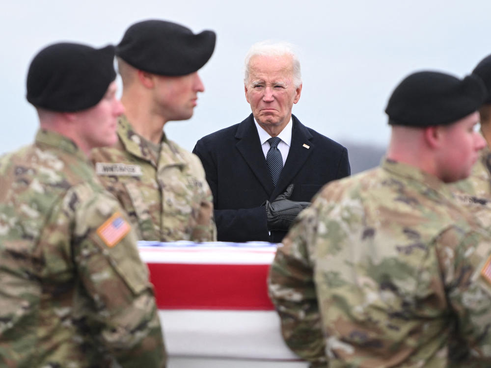 President Biden watches the dignified transfer of the remains of the three U.S. service members killed in the drone attack in Jordan, at Dover Air Force Base in Dover, Del., on Feb. 2.