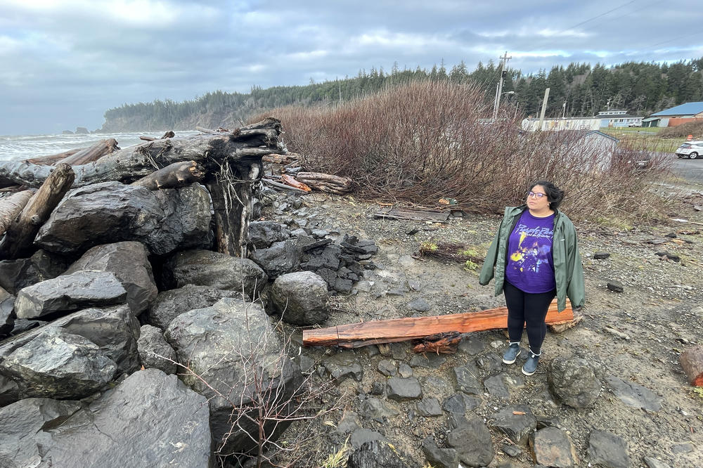 Lia Frenchman looks at the driftwood-covered sea wall behind her home in Taholah. At high tide during winter, the waves come into her backyard 
