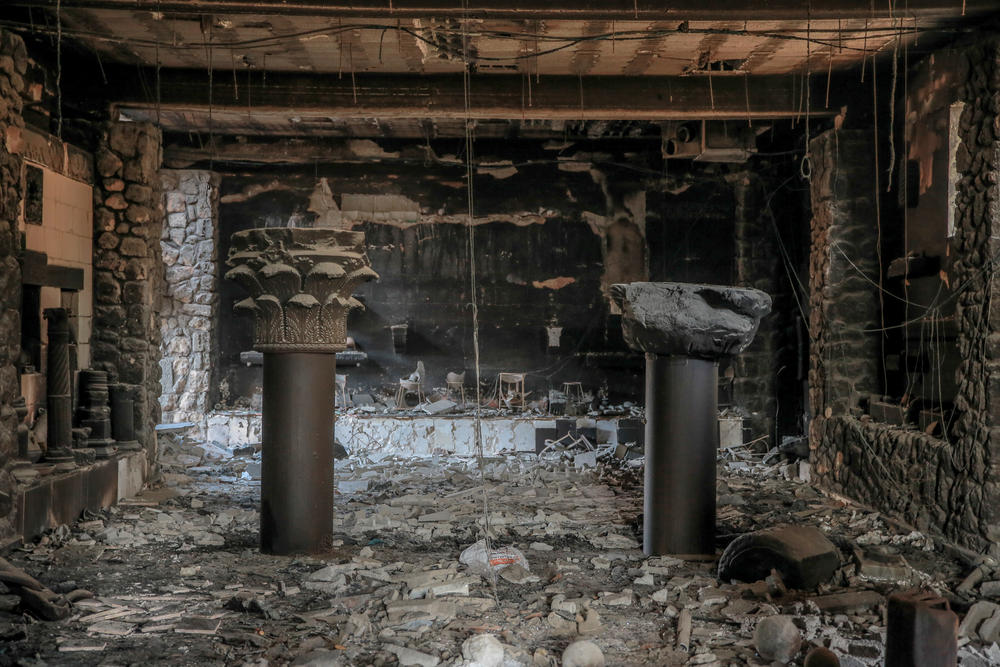 The reception area of Al-Mathaf hotel is badly damaged following Israeli bombardment. Photo taken on Feb. 3, 2024.