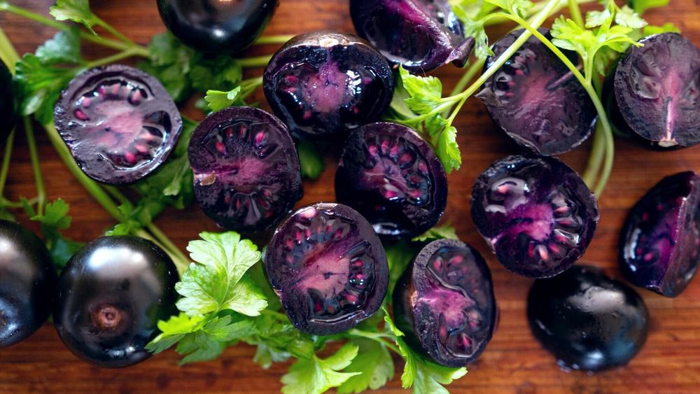 The Purple Tomato has deep purple flesh. Traditional breeders have grown tomatoes with purple skin before but not with this tone in the flesh.
