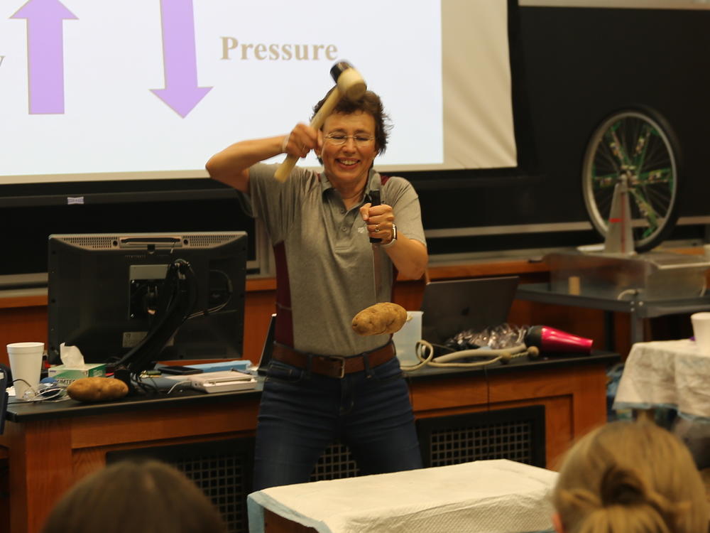 During a Summer Science Safari demonstration at Texas A&M University in 2022, Dr. Tatiana hits a knife down to make the potato go up. It's not magic, it's inertia.