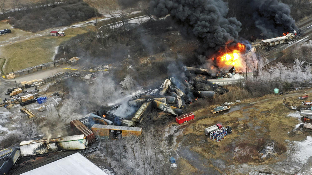 Portions of the Norfolk Southern freight train that derailed the previous night in East Palestine remain on fire at mid-day, Feb. 4, 2023.