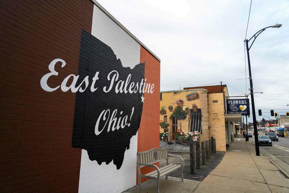 A mural on the wall on Market Street, a central place for business and community in East Palestine.