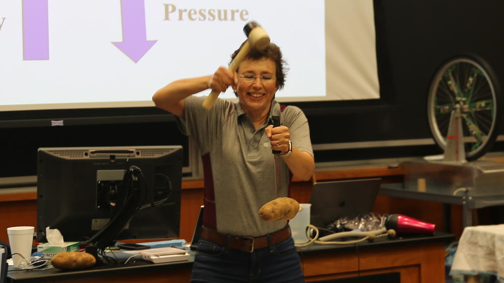 During a Summer Science Safari demonstration at Texas A&M University in 2022, Dr. Tatiana hits a knife down to make the potato go up. It's not magic, it's inertia.
