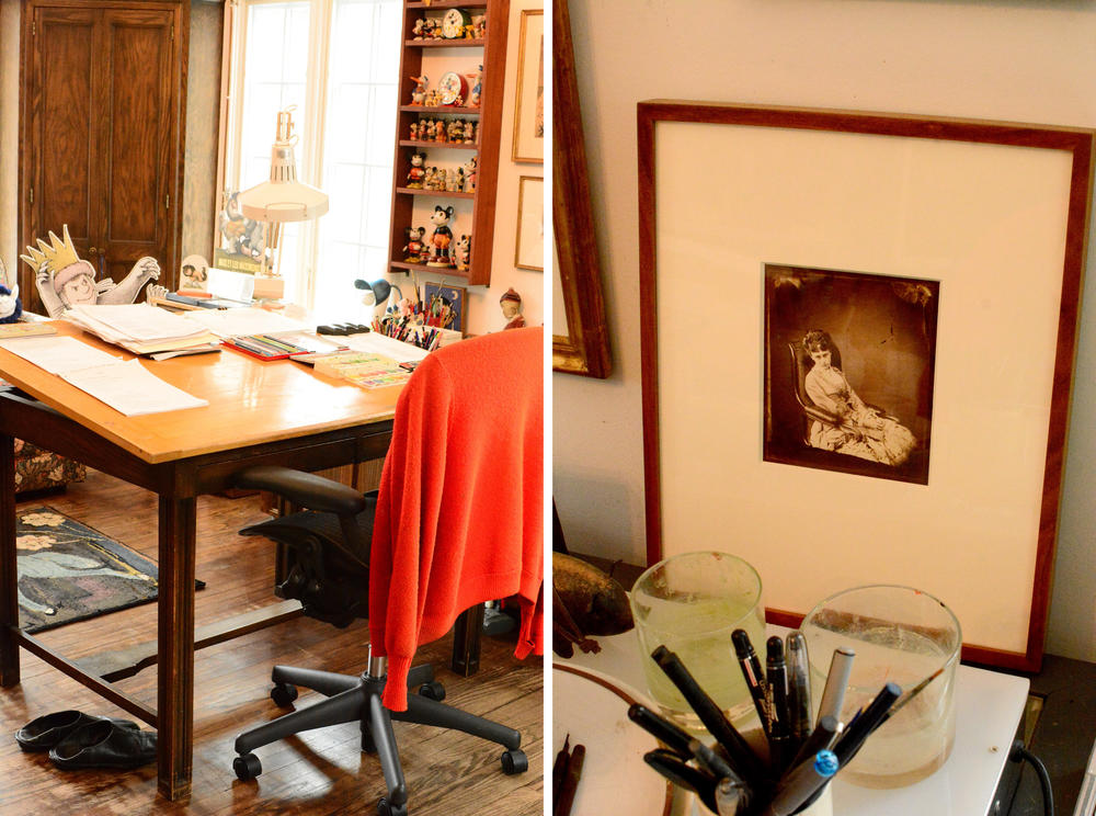 Maurice Sendak's home studio, left, remains as it was during the time he was working there, down to the sweater on the chair and the slippers on the floor. He kept an image of Lewis Carroll's Alice, right, by his desk for inspiration.