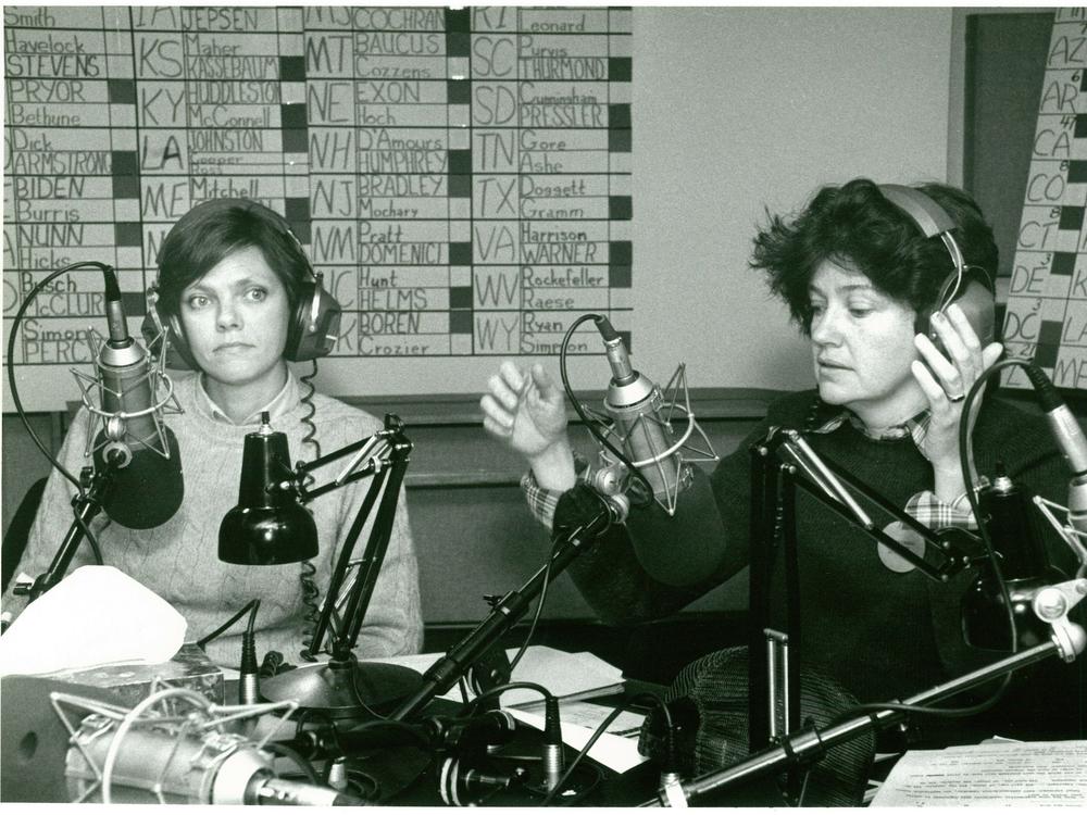 Cokie Roberts (left) and Linda Wertheimer report on election night in 1984.