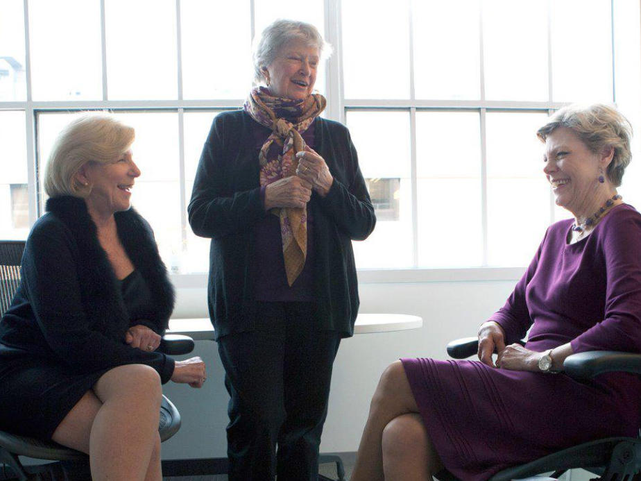 Left: Nina Totenberg (from left), Linda Wertheimer and Cokie Roberts photographed around 1979. Right: Totenberg, Wertheimer and Roberts pictured more recently at NPR's headquarters.