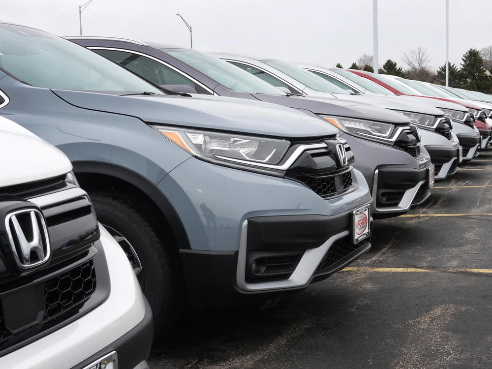 Cars sit on the lot at a Honda dealership on March 25, 2021, in Elgin, Ill. Many 2020 to 2022 models are affected by a new recall.