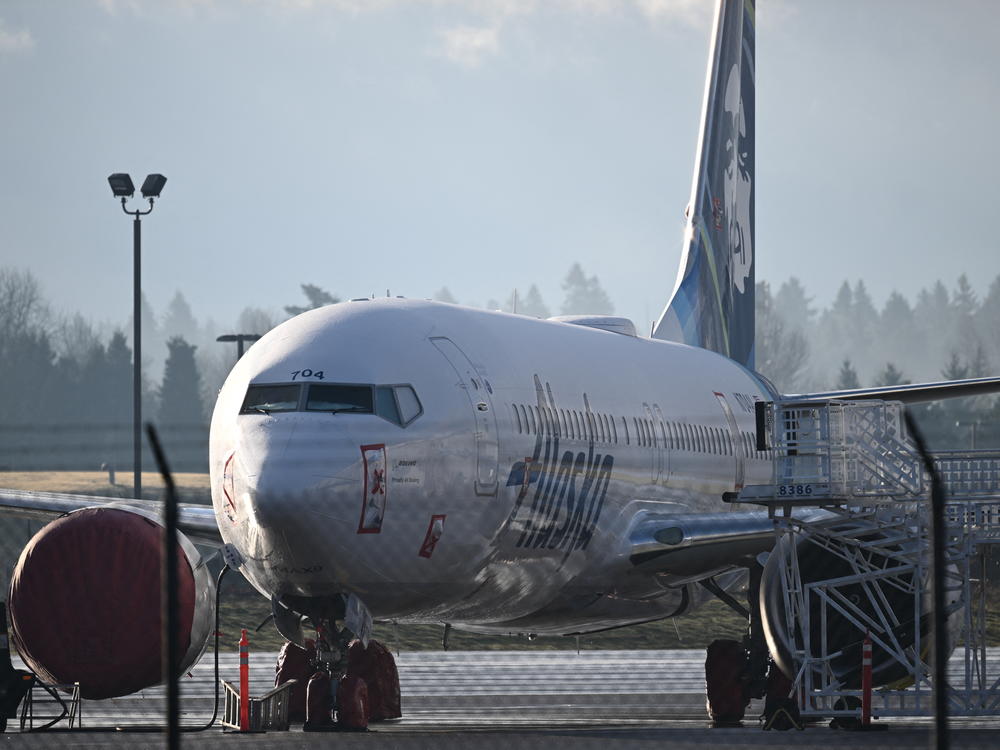 An Alaska Airlines 737 Max 9 that made an emergency landing at Portland International Airport on Jan. 5 is parked in Portland, Ore., on Jan. 23. A door plug blew out shortly after the plane took off from Portland. There were no serious injuries, but it has renewed concerns about Boeing and production lapses.