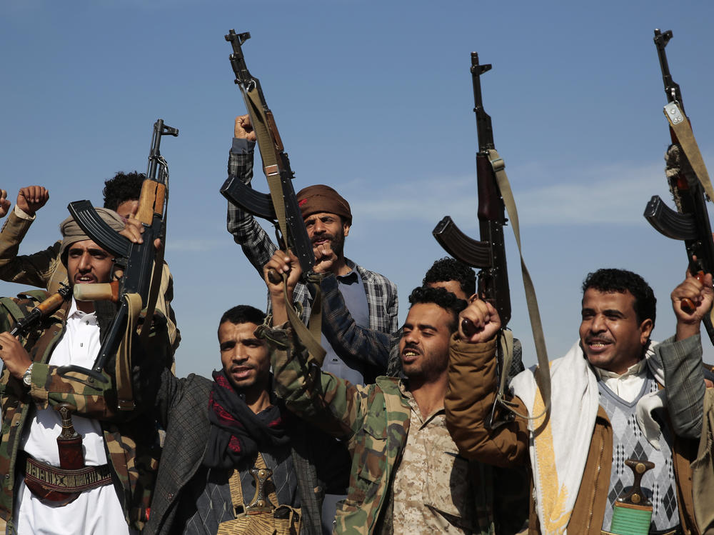 Houthi fighters stage a rally in support of the Palestinians in Gaza and against the U.S.-led airstrikes on Yemen, in Sanaa, Yemen, on Jan. 29.
