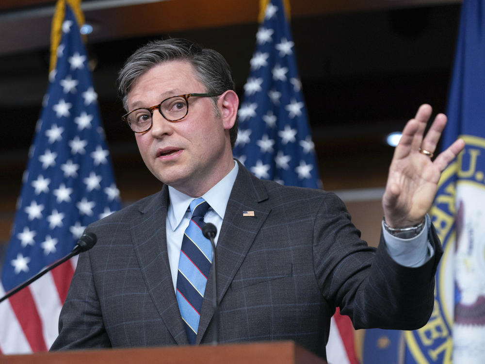 Speaker of the House Rep. Mike Johnson, R-La., speaks during a news conference on Capitol Hill in Washington, Tuesday, Feb. 6, 2024.