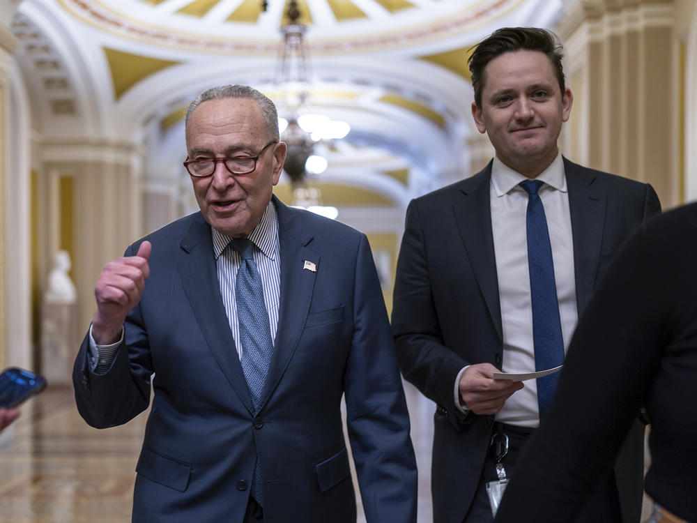 Senate Majority Leader Chuck Schumer, D-N.Y., discusses next steps for the foreign aid package for Ukraine and Israel on the day after the bipartisan Senate border security bill collapsed, at the Capitol in on Wednesday.