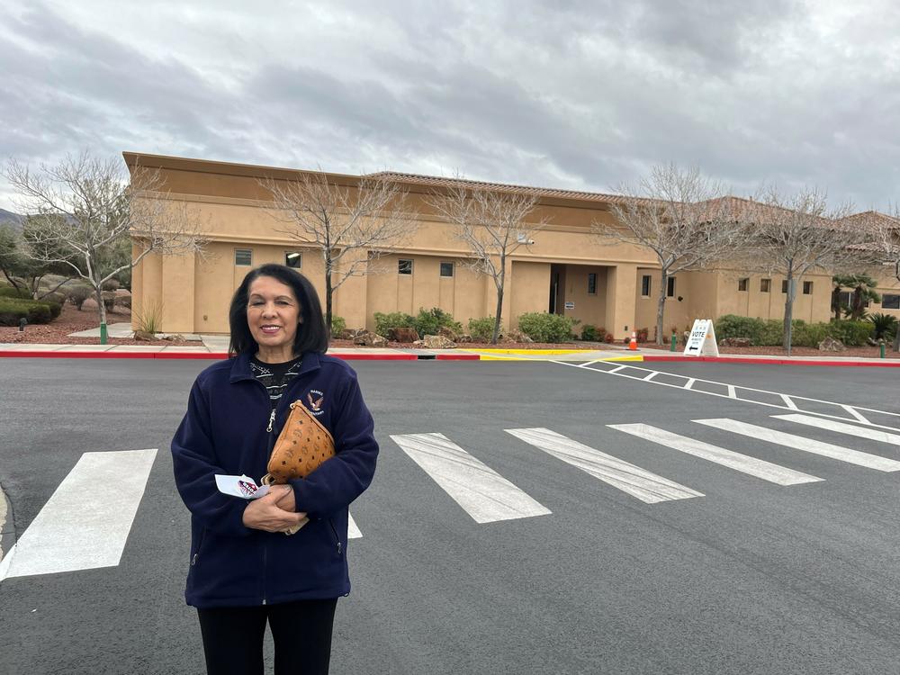 Patricia Diaz stands outside her polling place in Henderson, Nev., on Tuesday. Diaz voted for President Biden but worries about her lack of enthusiasm for the political process this year.