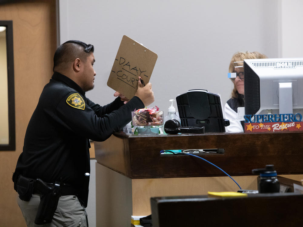 Judge Sunny Bailey's Marshal Oscar Arante and assistant Tracie DiRaffaele talk during proceedings at DAAY court.