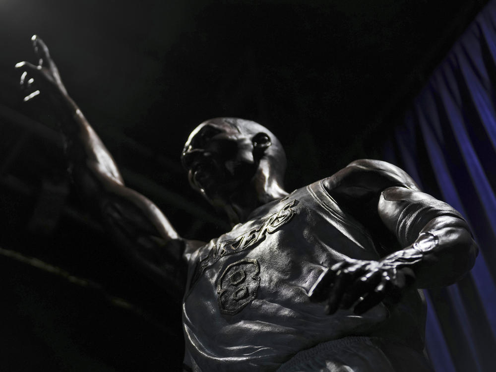 A statue of former Los Angeles Lakers guard Kobe Bryant is seen after its unveiling outside the NBA basketball team's arena, Thursday, Feb. 8, 2024, in Los Angeles.