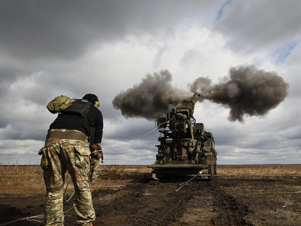 Ukrainian soldiers fire the 2S22 Bohdana self-propelled howitzer on Russian position Oct. 17, 2023, in Donetsk Oblast, Ukraine.