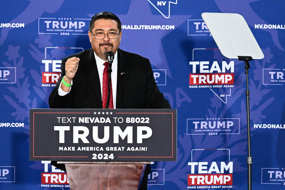 Political consultant Jesus Marquez speaks during a Commit to Caucus Rally with former President and 2024 presidential hopeful Donald Trump (not pictured) in Las Vegas on Jan. 27.