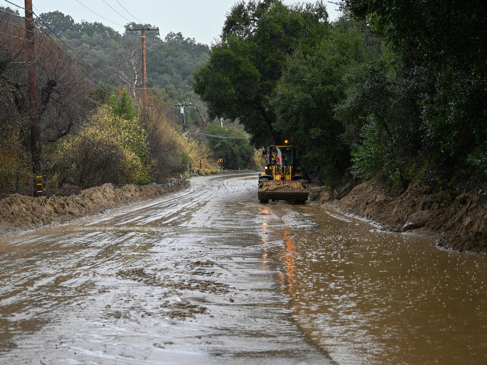 Topanga Canyon Road is closed due to mudslides in Topanga, after atmospheric river storms hit the Los Angeles region.
