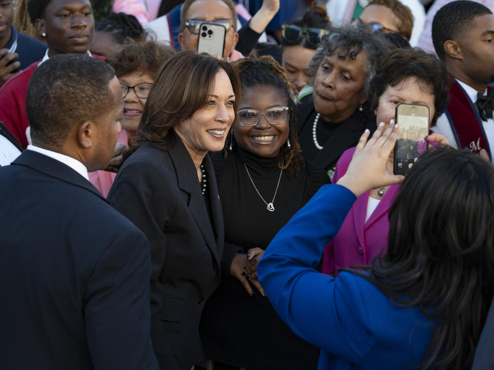 Vice President Harris takes photos with young voters at South Carolina State University after a campaign rally ahead of the South Carolina Democratic primary earlier this month.