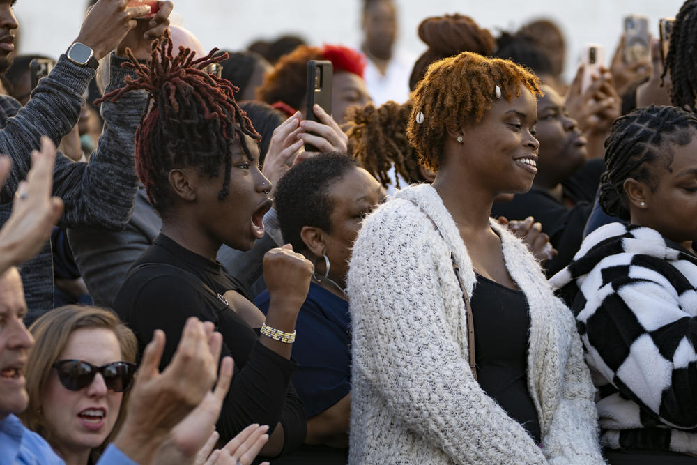 Taleeya Jones, 20, and Symia Williamson, 21, students at South Carolina State University, cheer during Vice President Harris' speech in Orangeburg earlier this month.