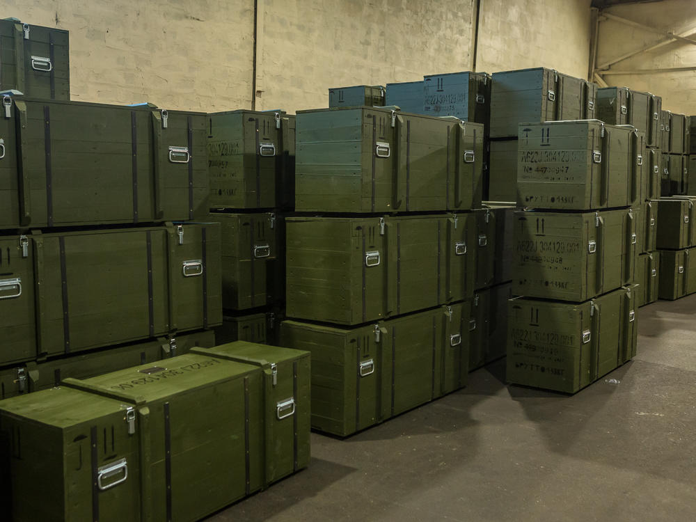 Boxes with assembled mortar launchers are stored in the workshop of the Ukrainian Armor Design and Manufacturing Co.