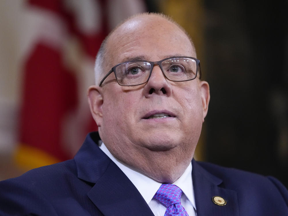 Then-Maryland Gov. Larry Hogan addresses supporters at the Maryland statehouse on Jan. 10, 2023, in Annapolis, Md. Hogan announced Friday he will run for U.S. Senate.