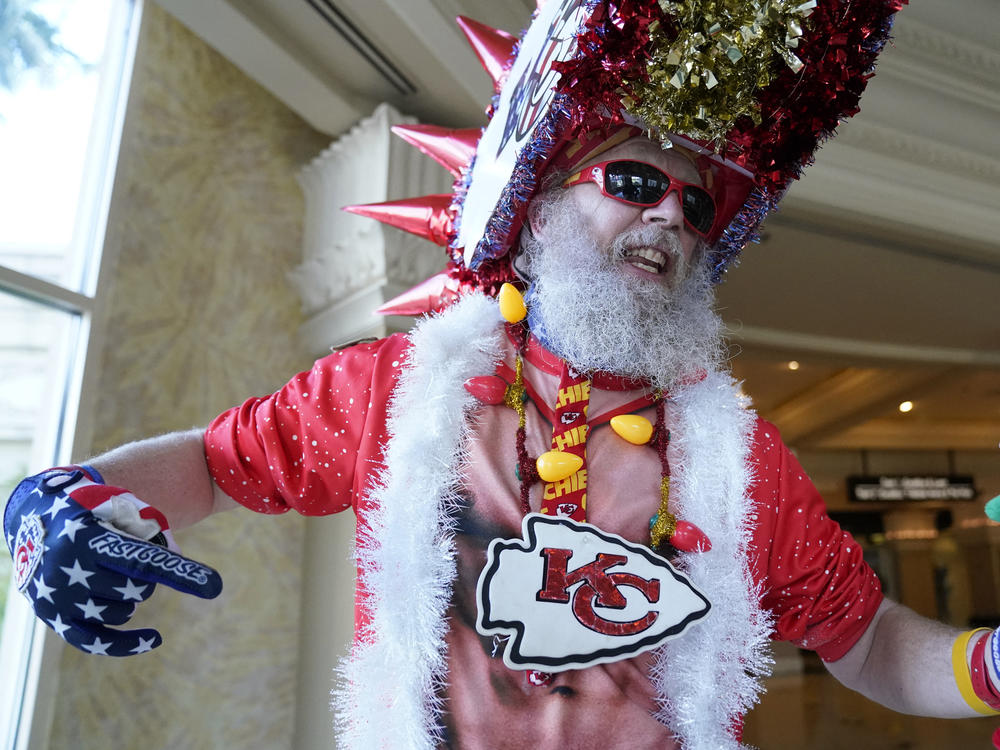 Kansas City Chiefs fan Don Lobmeyer, of Wichita, Kansas poses for pictures ahead of Super Bowl LVIII at Allegiant Stadium in Las Vegas, Nevada on February 9, 2024.