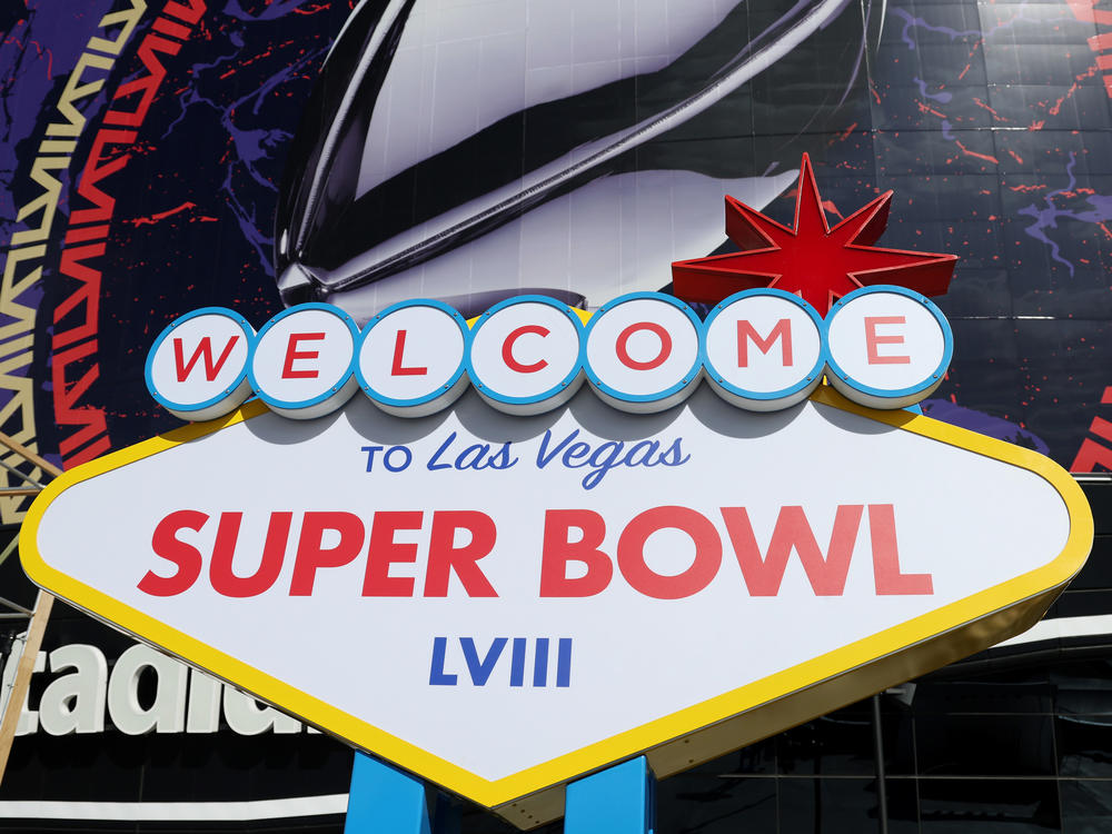 Super Bowl LVIII signage is seen outside of Allegiant Stadium on in Las Vegas on Feb. 7.