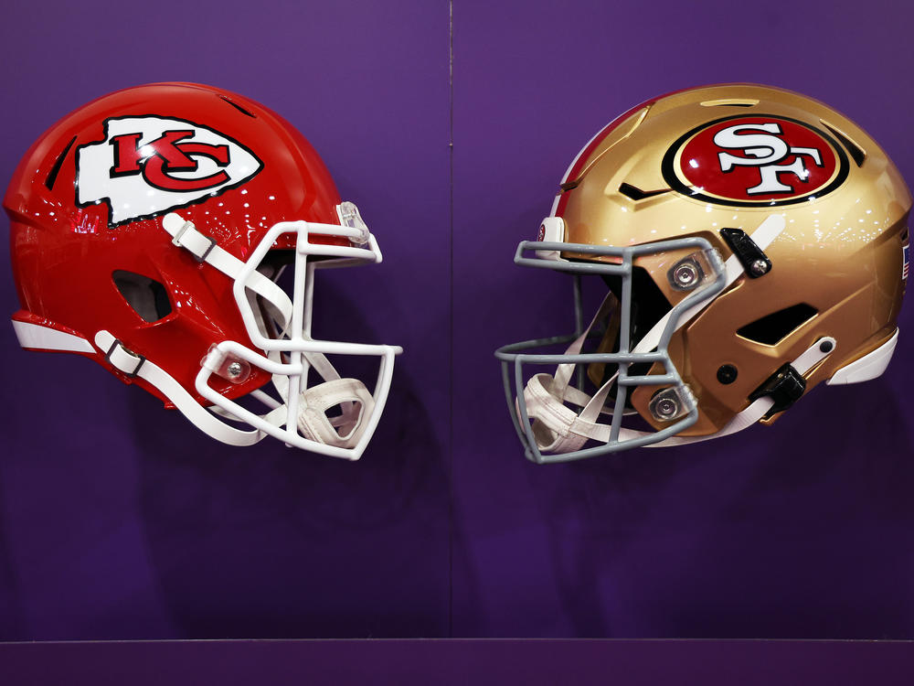 A general view of the helmets of the Kansas City Chiefs and the San Francisco 49ers displayed in the NFL Super Bowl Experience ahead of Super Bowl LVIII on February 06, 2024 in Las Vegas, Nevada.