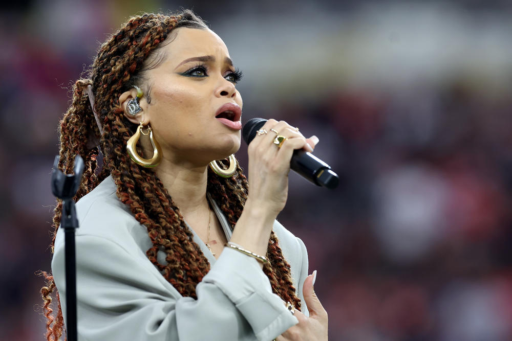 Singer Andra Day performs prior to Super Bowl LVIII between the San Francisco 49ers and Kansas City Chiefs at Allegiant Stadium on February 11, 2024 in Las Vegas, Nevada.