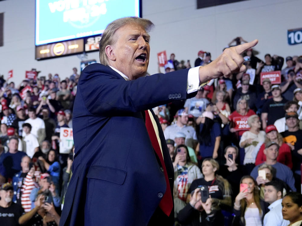 Republican presidential candidate Donald Trump, the former president, gestures to the crowd after speaking at a rally at Coastal Carolina University in Conway, S.C., on Feb. 10.