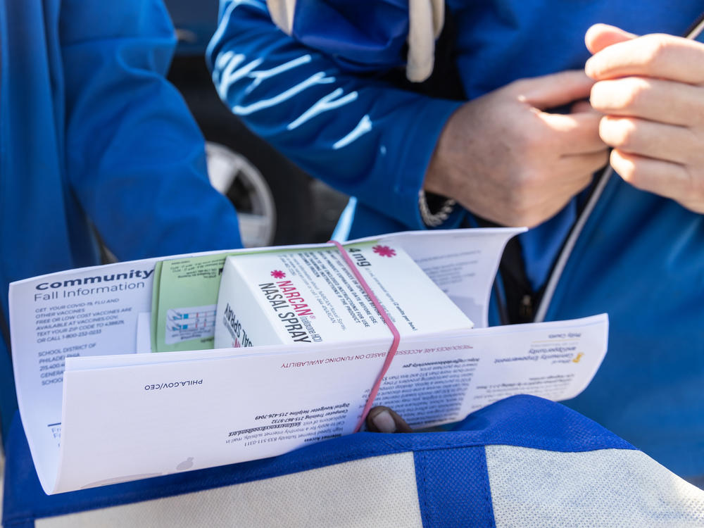 An opioid crisis resource kit containing Narcan, fentanyl test strips, and information on how to get addiction treatment and more harm reduction resources.